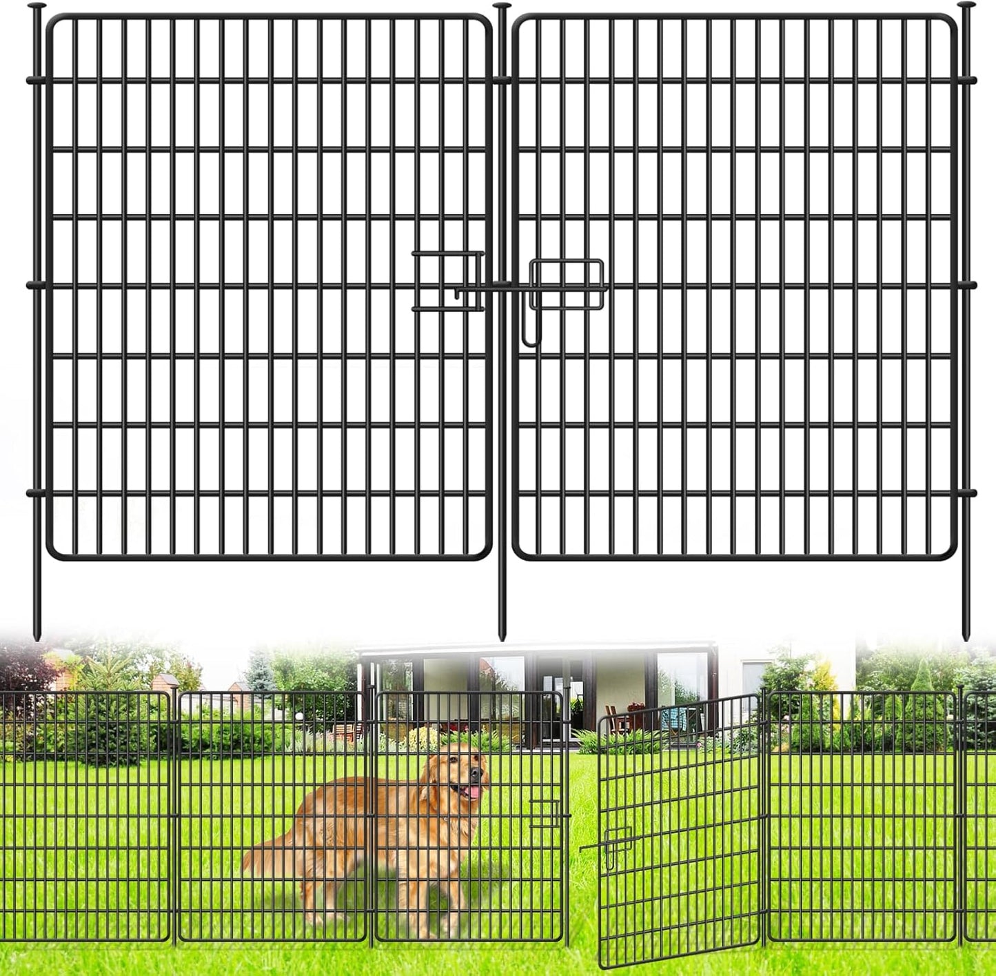 10 Panels No Dig Fence with Gate, 32 in(H) X 24 ft(L) Garden Decorative Fence Animal Barrier for Dogs, Rustproof Metal Garden Edging Border for Outdoor, Yard, Patio, Black