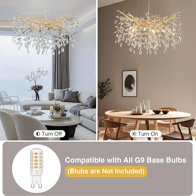 YUYI Modern Crystal Chandelier, 30" Gold Tree Branch Chandelier, 10-Light Round Chandeliers for Dining Room, Living Room, Kitchen, Foyer, Entryway, Bedroom, Luxury K9 Crystal Raindrop Light Fixture
