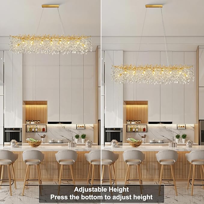 YUYI Modern Crystal Chandelier, 60" Gold Tree Branch Chandelier, 16-Light Rectangular Chandeliers for Dining Room, Kitchen Island, Living Room, Luxury Top K9 Crystal Raindrop Light Fixture - Upgraded