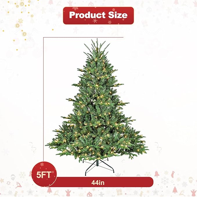 Pre-Lit Artificial Full Christmas Tree, 5 ft Christmas Tree with Lights - Hinged Xmas Tree for Holiday Party Office Home, 1122 PE&PVC Mixed Branch Tips, 350 Lights