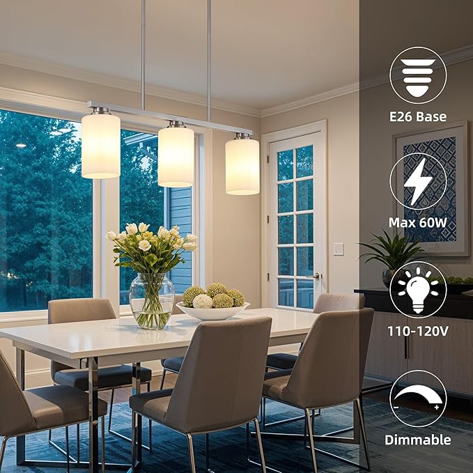 Island Light for Kitchen, Brushed Nickel Dining Room Light Fixture Over Table with Milk Glass Shade, 3-Light Linear Chandelier Pendant Lighting for Dining Table Kitchen Island Living Room