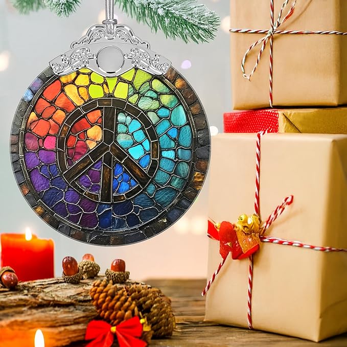 Christmas Decorations Ornaments, Stained Glass Ornament, Christmas Tree Ornaments, 2025 Gift Ornament, Xmas Gift for Friend Family Coworker - Peace Sign