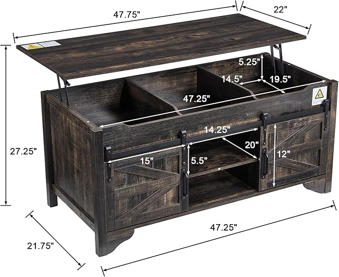 Lift Top Coffee Table with Sliding Barn Door 47.64" W Rustic Storage Coffee Tables, Wood Rectangle Center Table with Hidden Storage Compartment for Home, Office, Black