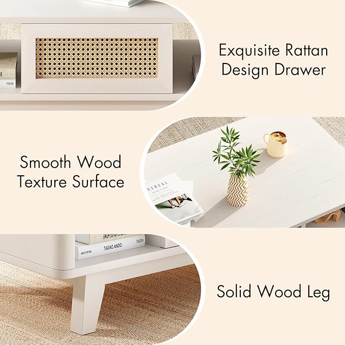 Soohow Coffee Table, Mid Century Living Room Tables with Storage, Modern Square with Rattan Drawer, Wooden Living Room Table with Solid Wood Leg