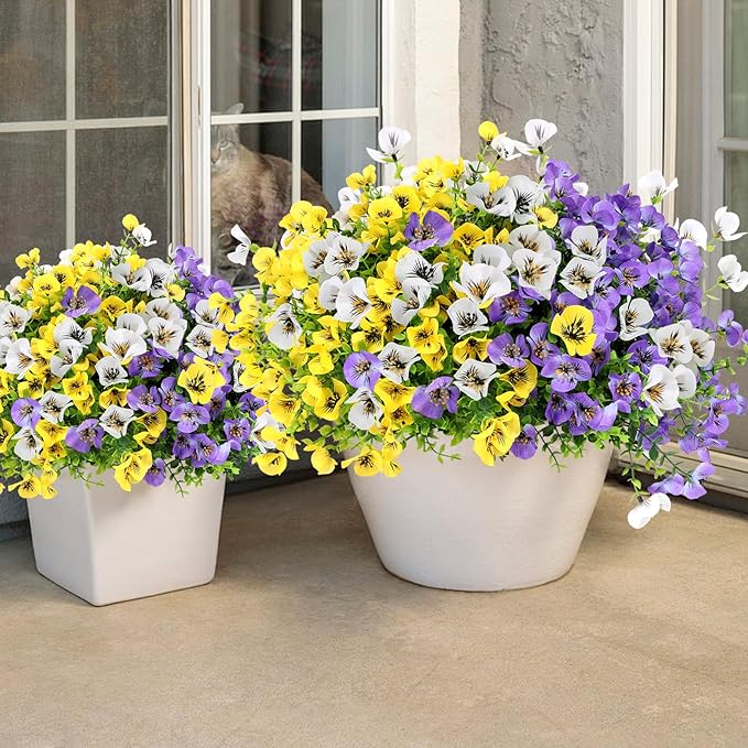 Geegoods 24 Bundles Artificial Flowers Outdoor – Fake Pansy Flowers UV Resistant Plastic Faux Pansies for Front Door Garden Porch Window Box Patio Home Decor