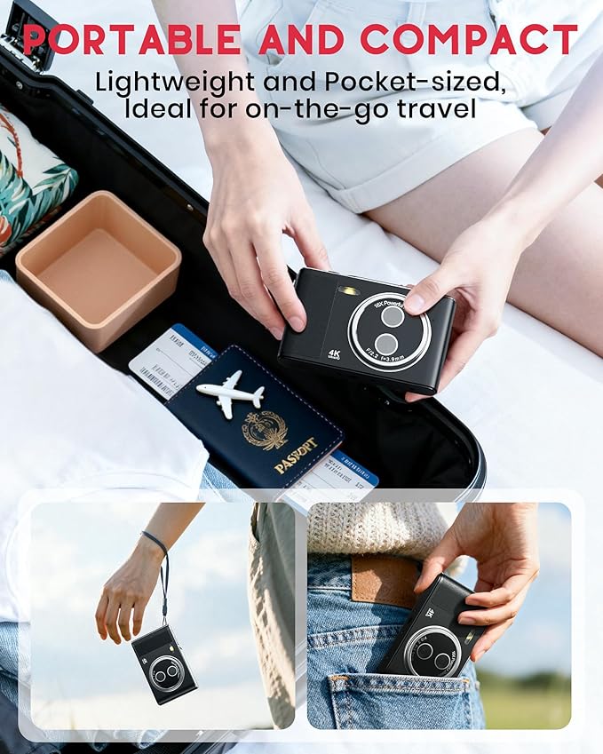Digital Camera, 48MP FHD 1080P Point and Shoot Camera with 16x Zoom, Anti Shake Compact Portable Camera for Photography with 32GB Card, Autofocus Camara for Kids, Beginners, Teens, Black