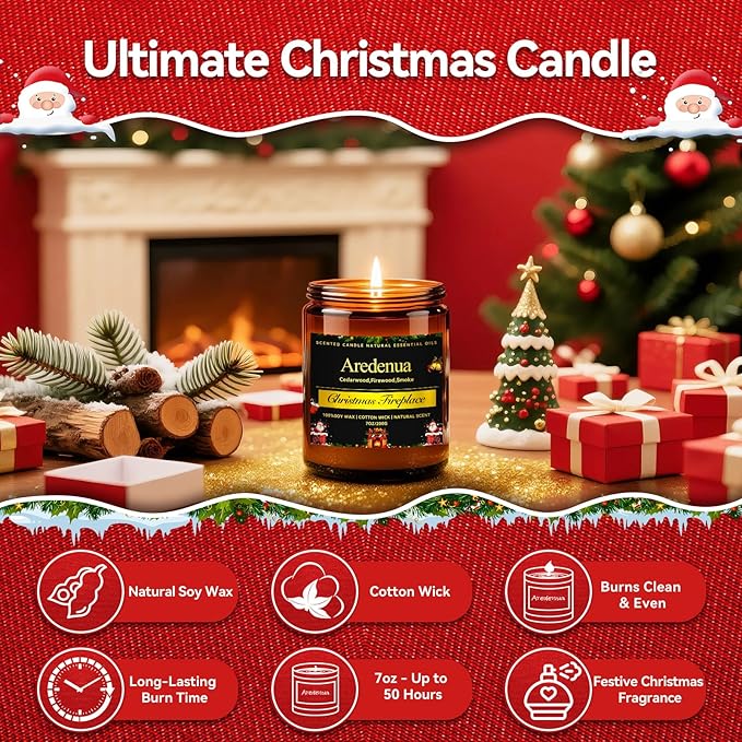 Christmas Candles | Christmas Fireplace Candles - Holiday Scented Candles for Home, Winter Holiday Gifts - 7 oz Soy Candle, Xmas Gift for Women and Men