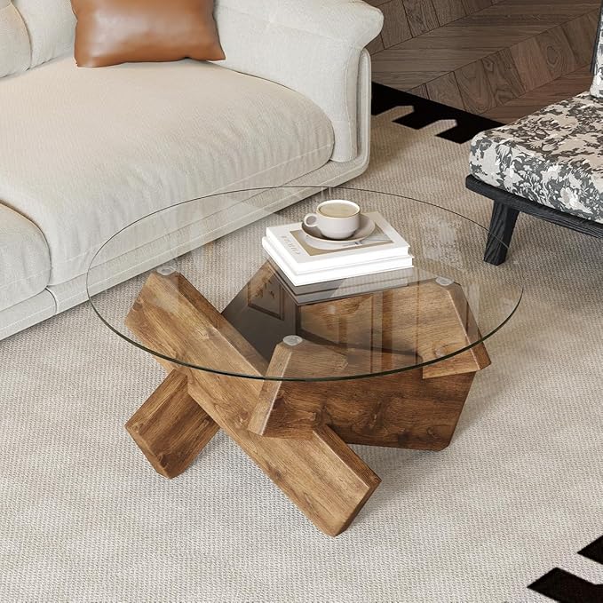 Natural Round Glass Coffee Table,33-Inch Coffee Tables for Living Room Clear Circle Accent Table Adapts to Farmhouse and Contemporary Decor