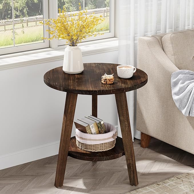 Solid Wood Round End Table, Sofa Side Table with Storage Shelf, Farmhouse Nightstand for Living Room, Bedroom, Easy Assembly (Dark Brown, 1 PC)