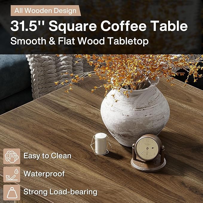Tribesigns Square Coffee Table, 31.5-Inch Engineered Wood Coffee Table for Living Room, Vintage Center Table, Large Mid-Century Modern Cocktail Table, Brown