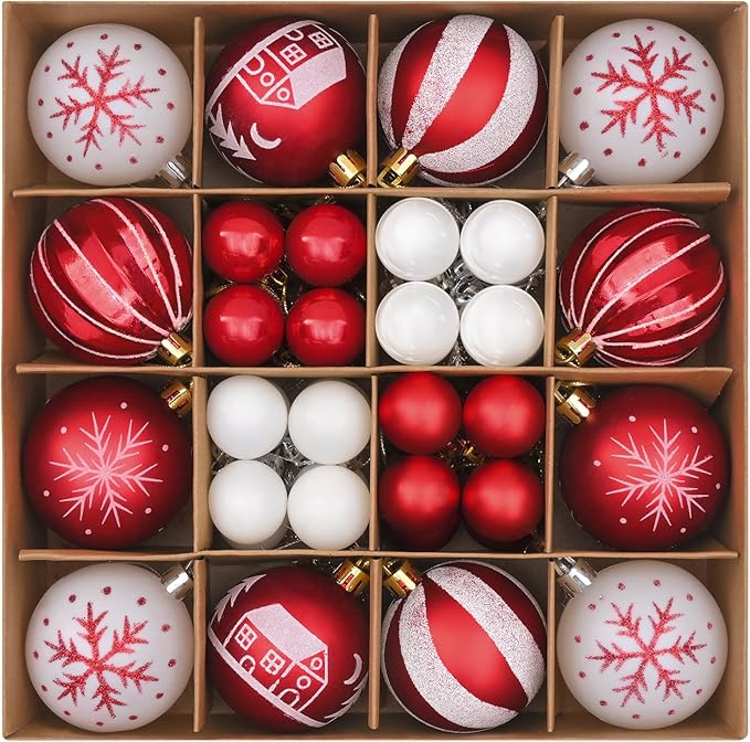 50Pcs Christmas Tree Ornaments - 2.36''/60mm Christmas Ball Ornaments Set for Xmas Tree Holiday Party Wedding Home Decorations (Red & White)