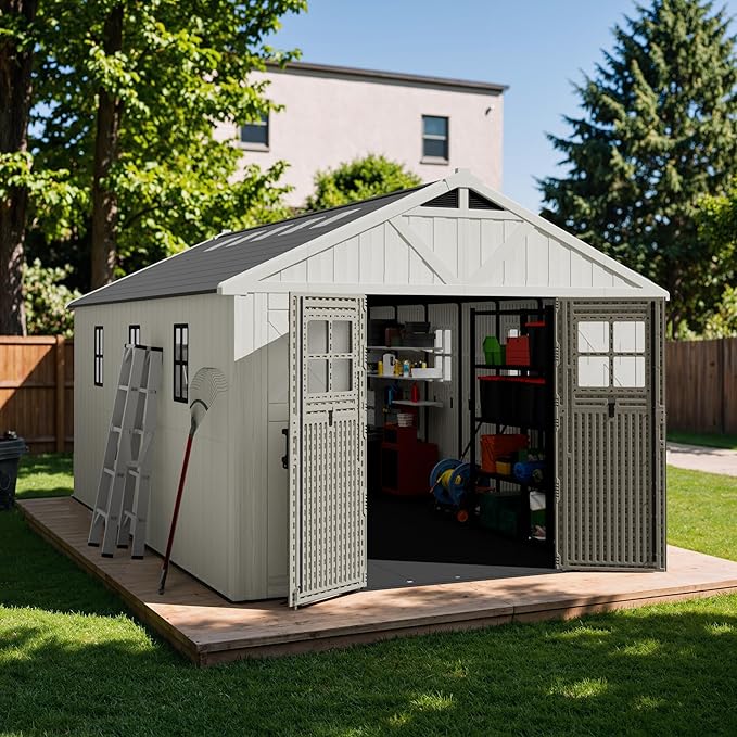 Devoko 10x16 FT Resin Outdoor Storage Shed with Floor, Plastic Tool Garden Shed with Windows & Lockable Door, Outside Large Storage Shed for Patio Backyard Lawn, Beige