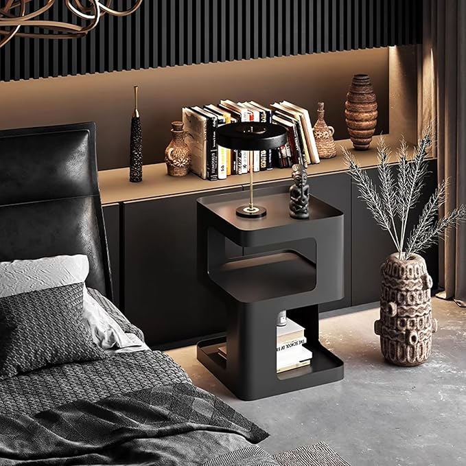 Side Table,Modern end Table,Black Metal nightstand,Bedside Tables,Accent Table with Storage for Living Room Bedroom entryway Couch,no Assembly Required,Unique Furniture.