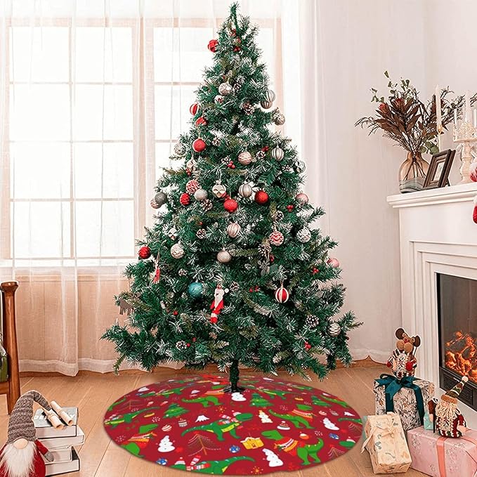 Cute Christmas Dinosaur Christmas Tree Skirt 48 Inches Animal Tree Skirt Xmas Tree Mat Holiday Party Supplies Christmas Tree Decorations