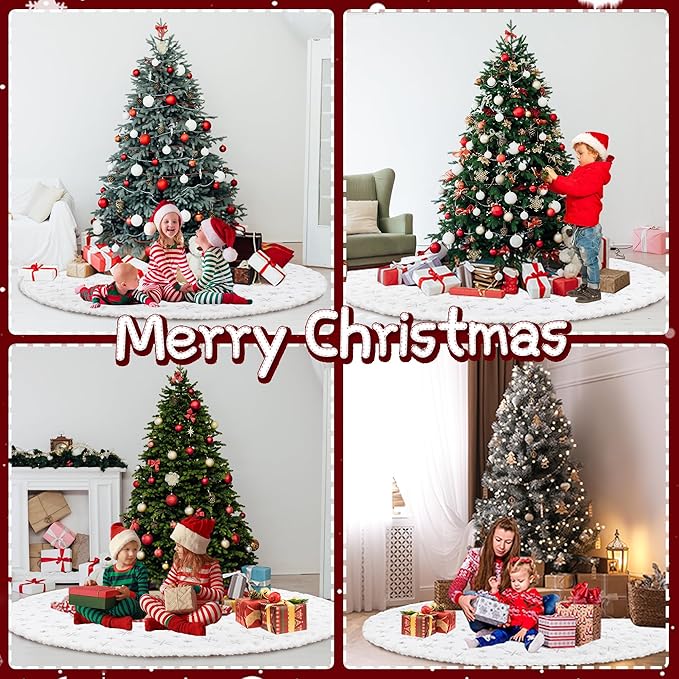 Christmas Tree Skirt 72 Inch, Silver Snowflake White Christmas Tree Decorations Indoor Sequin Tree Collar Faux Fur Plush Rug Xmas Large Mat Decor Ornaments for 7.5ft-13ft Tree