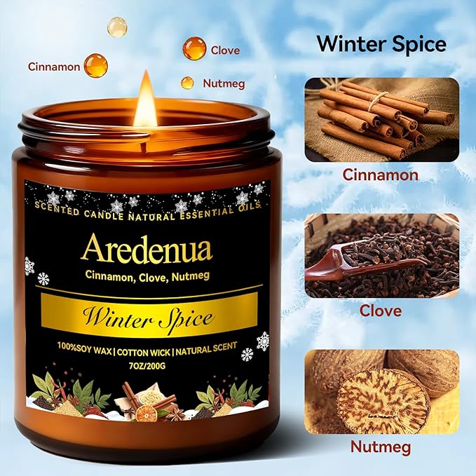 Winter Candles – Winter Spice Candle | Holiday Scented Candles, 7oz Soy Candle for Home - Christmas Gifts for Men Women - 50H Clean Long Lasting Burn, Aromatherapy Gift for Relaxation