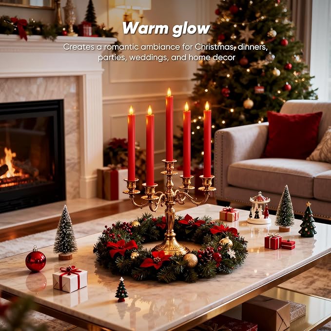 Homemory 2 Pcs Real Wax Made Red Flameless Taper Candles with Remote and Timer, 9.6" Battery Operated Candle Stick Flickering, Led Taper Candles with Lifelike Flame for Xmas Home Decor
