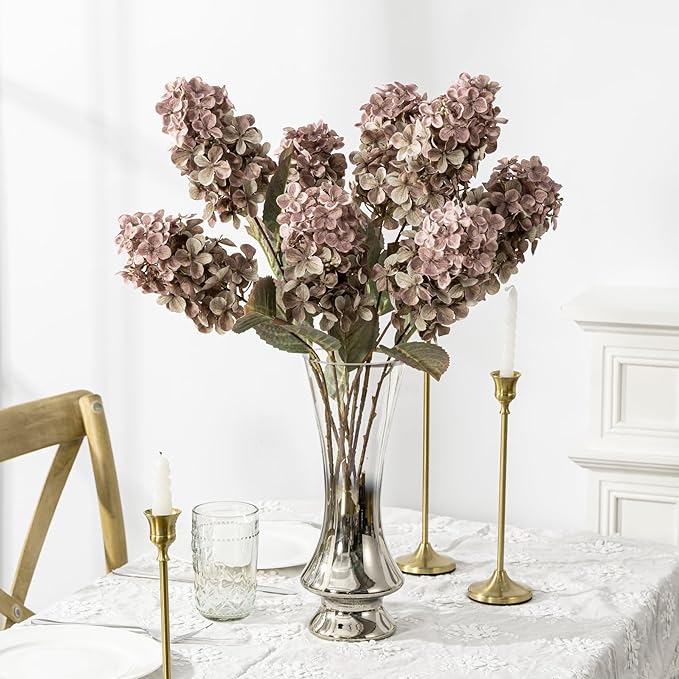 Fake Flowers Hydrangea Silk Flowers With Stems White Flowers Fake Flowers In Vase Hydrangea Artificial Flowers Winter Flowers Artificial For Decoration Vase Decor 24"（Brown ）8PCS Wthout Vase