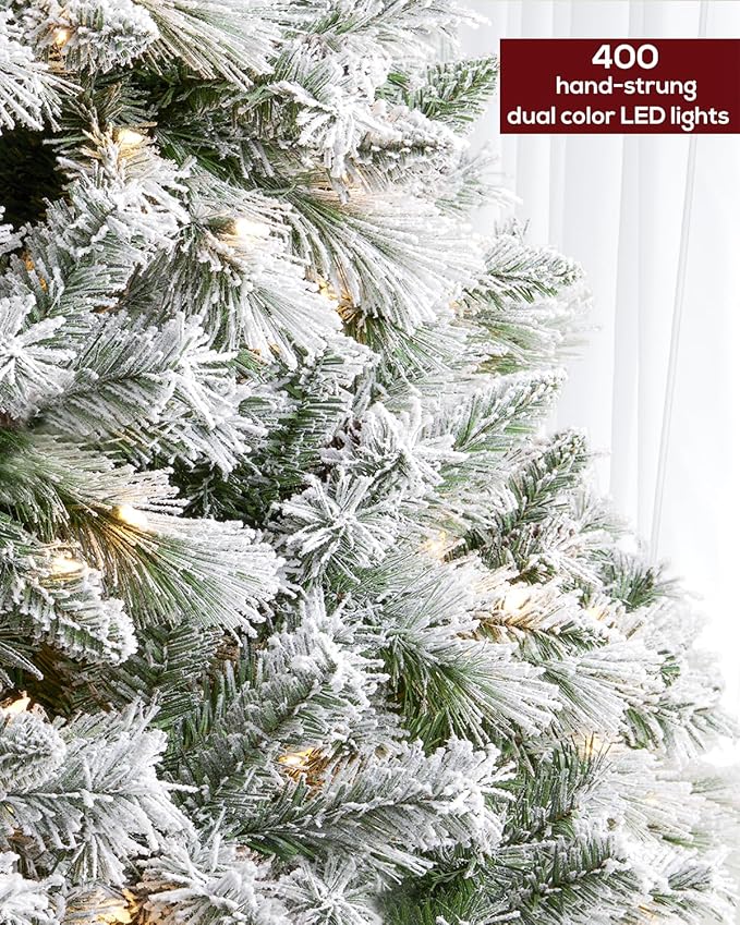 6.5FT Pre-lit Snow Flocked Christmas Tree Spruce with Remote Control, 400 Warm White Multi-Color Lights, Artificial Hinged/Feel Real/Realistic for Home, Holiday Decoration Dual Color LED