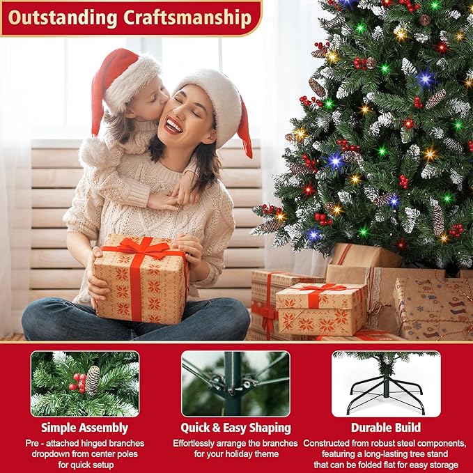 6.5 Ft Pre-Lit Artificial Christmas Tree with 400 Dual Color LED Lights & Timer - Snowy Spruce with 1100 Branch Tips & 60 Pine Cones & 60 Berries Indoor Outdoor Home Christmas Decorations