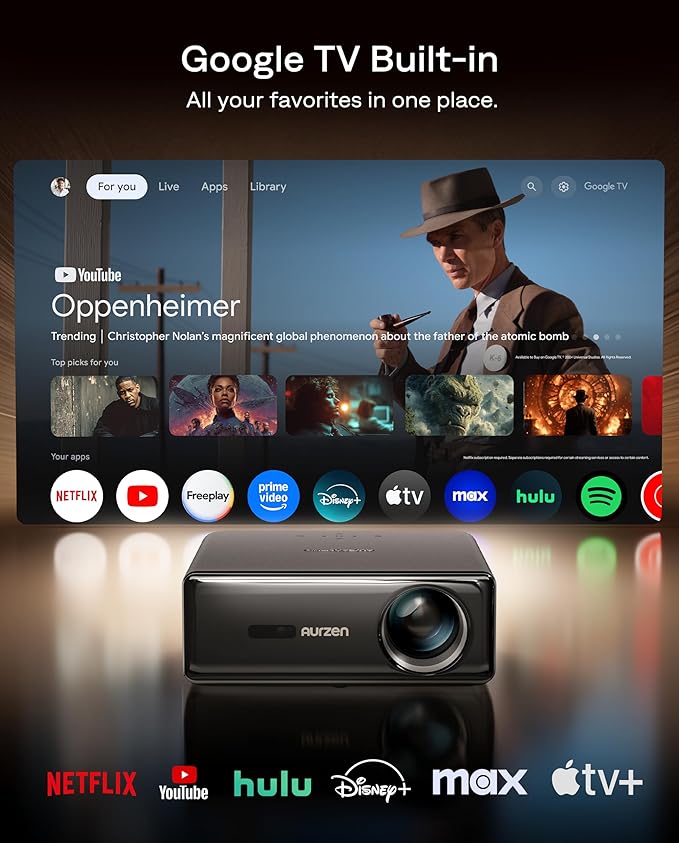 Aurzen EAZZE D1 MAX Upgraded Google TV Smart Projector 4K Supported, 1000 ANSI Lumens, MEMC Tech, Fully Automatics, 20W Dolby Audio, Home Theater Movie Projector with WiFi and Bluetooth, Black