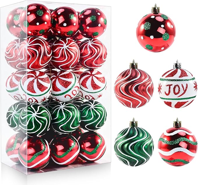 30PCS Christmas Ball Ornaments, 2.36" Red Green White Christmas Balls, Shatterproof Xmas Balls Decoration for Christma Tree, Painting & Glittering Hanging Ball for Party Event