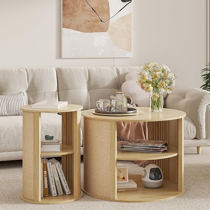 Wood Round Coffee Table Set of 3, 2-Tier Farmhouse Circle Center Coffee Table and End Table Sets with Adjustable Shelf, Sackcloth Finish, Boho, for Living Room, 27.5 Inches, Nature