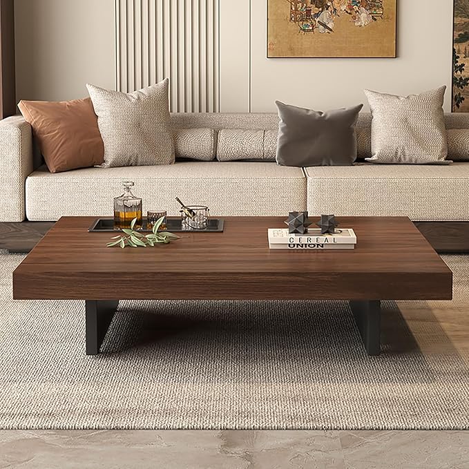 Modern Rectangular Coffee Table for Living Room, Low Profile Wood Center Table with 2" Thick Tabletop & Optional Storage Tray, Sturdy Minimalist Design (31.5"/39.4" Black/Walnut)