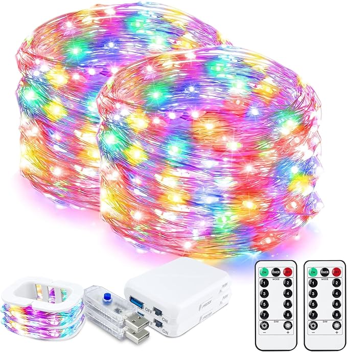 ZGWJ Christmas String Lights with Timer, Tree-Reindeer-Santa Claus 50LED 16FT Twinkle Fairy Lights 8 Modes for Bedroom,Christmas Parties Decoration (Multicolored, 2PCS)