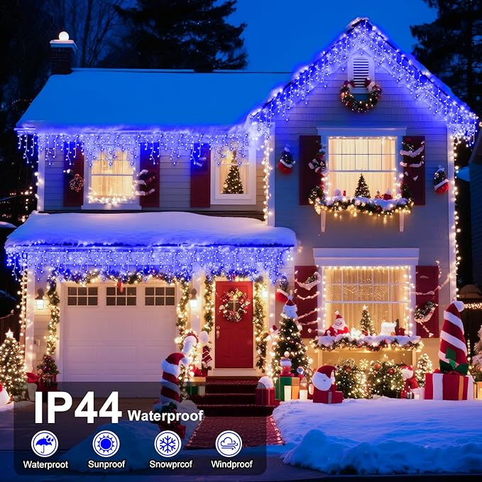 XURISEN 132ft Christmas Lights Decorations Outdoor, 1280 LED 8 Modes Fairy Lights with 240 Drops,Plug in Waterproof Timer Memory Function for Christmas Holiday Wedding Party Decorations(Blue)