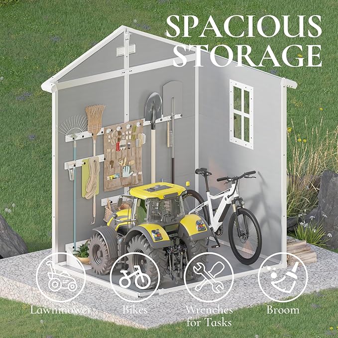 5.5 x 4.4 ft Resin Storage Shed with Floor, Outdoor Tool Shed with Window, Vents, and Stainless Steel Cores, for Pool Supplies/Lawn Mower/Bikes, Grey