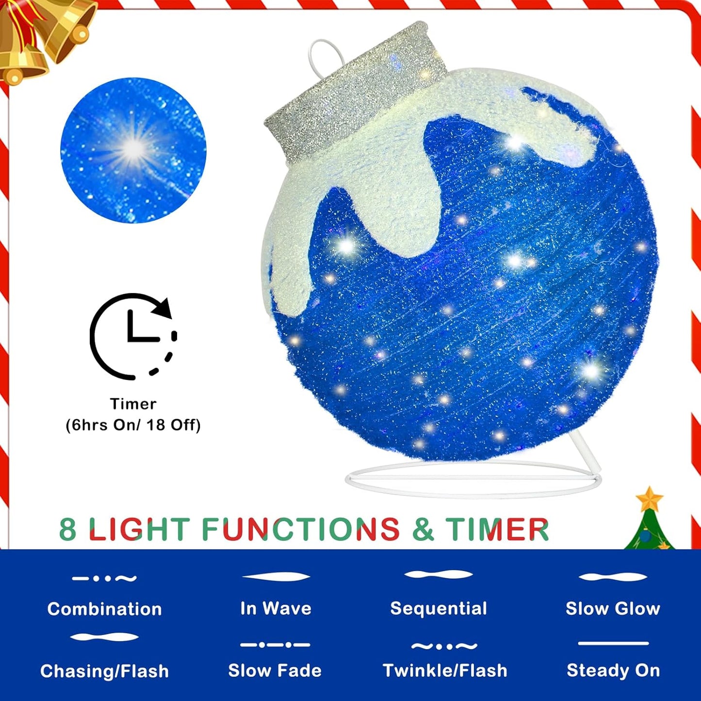 BRIGHTDECK Outdoor Christmas Ornaments, Lighted Pop-Up Outdoor Holiday Ball Decoration with 80 LED Lights, 8 Light Modes, Lighted Collapsible Holiday Decorations for Yard, Home (Blue)