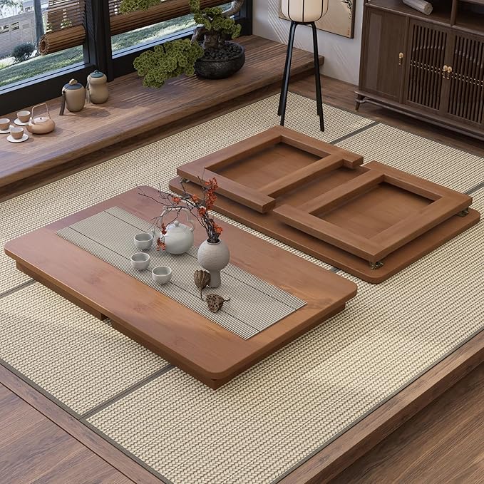Japanese Floor Table, Bamboo Folding Coffee Table, Portable Solid Wood Japanese Tatami Tea Table Table, No Assembly Japanese Dining Table for Sitting on The Floor, Easy Storage (Dark Walnut)