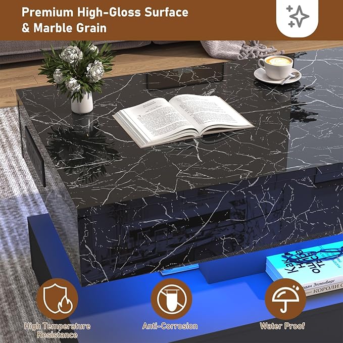 47.2" Large Lift Top Coffee Table with Charging Station, LED Modern High Glossy Center Table with Hidden Compartment Storage, Black Lift Living Room Tables with Marbling Print, Black
