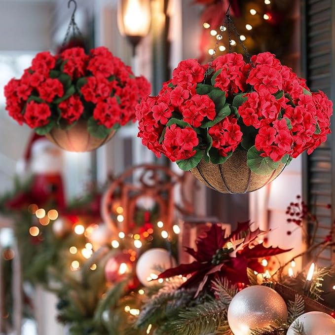 Hananona 6 Pcs Artificial Geranium Flowers for Outdoors Geranium Silk Red Flower Outdoor UV Resistant Garden Plants Faux Flowers for Christmas Home Kitchen Table Centerpieces Decor (6, Red)