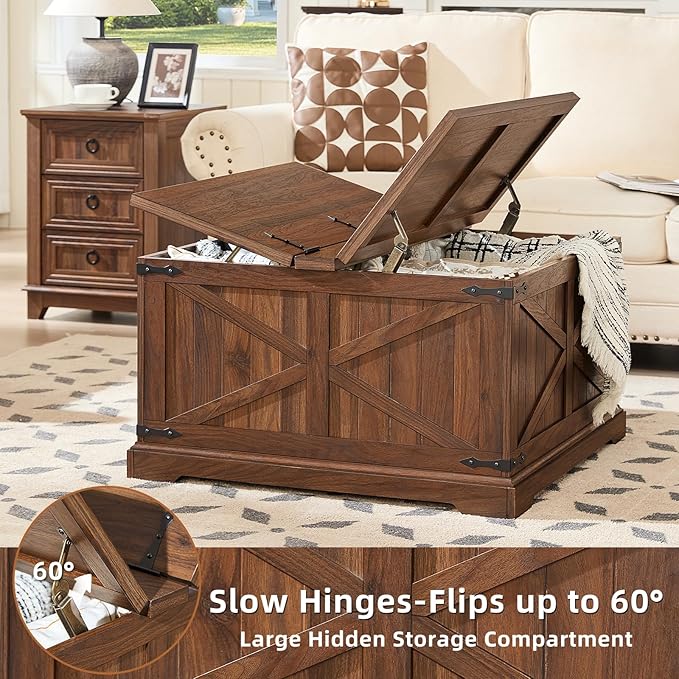 Farmhouse Coffee Table with Large Hidden Storage Compartment, Brown Retro Square Center Table, Wood Rustic Low Modern Living Room Tables with Hinged Lift Brown Top & Wooden Arc Base