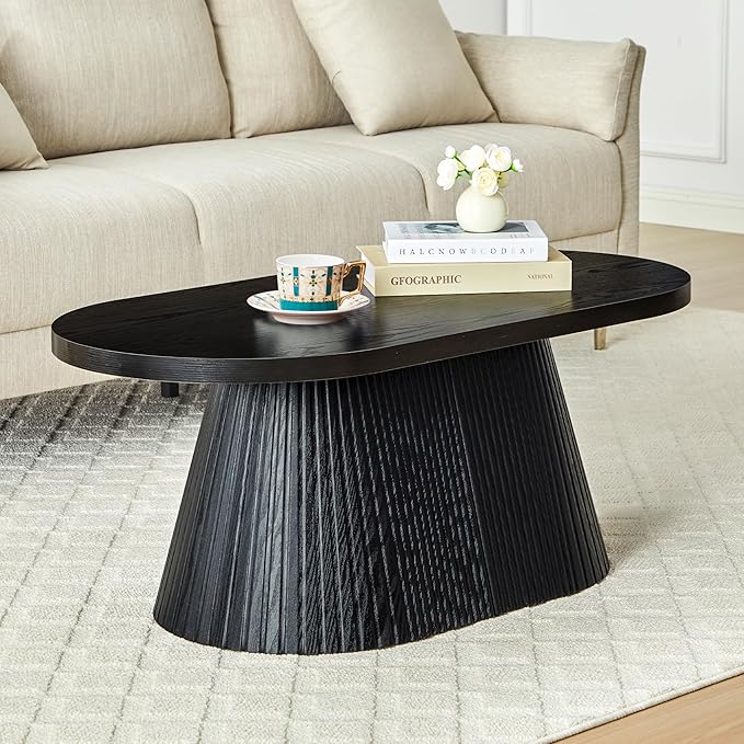 Fluted Coffee Table with Sturdy Tapered Base, Wood Oval Small Coffee Table, Mid Century Modern Center Table for Living Room Office (Black 1)