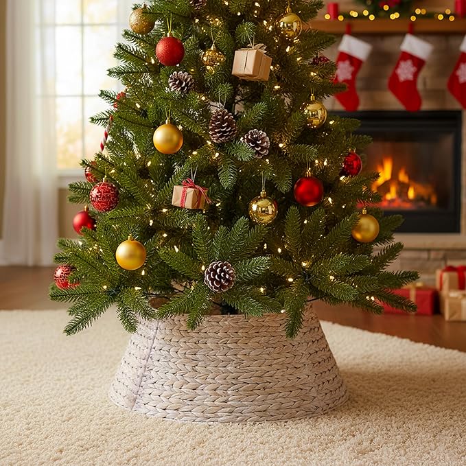 CLAYNIX Tree Collar - Large to Small Christmas Tree, 28" Christmas Tree Ring Adjustable Water Hyacinth Skirt, Christmas Tree Skirt for Decoration, Base Protection from Pets (White)