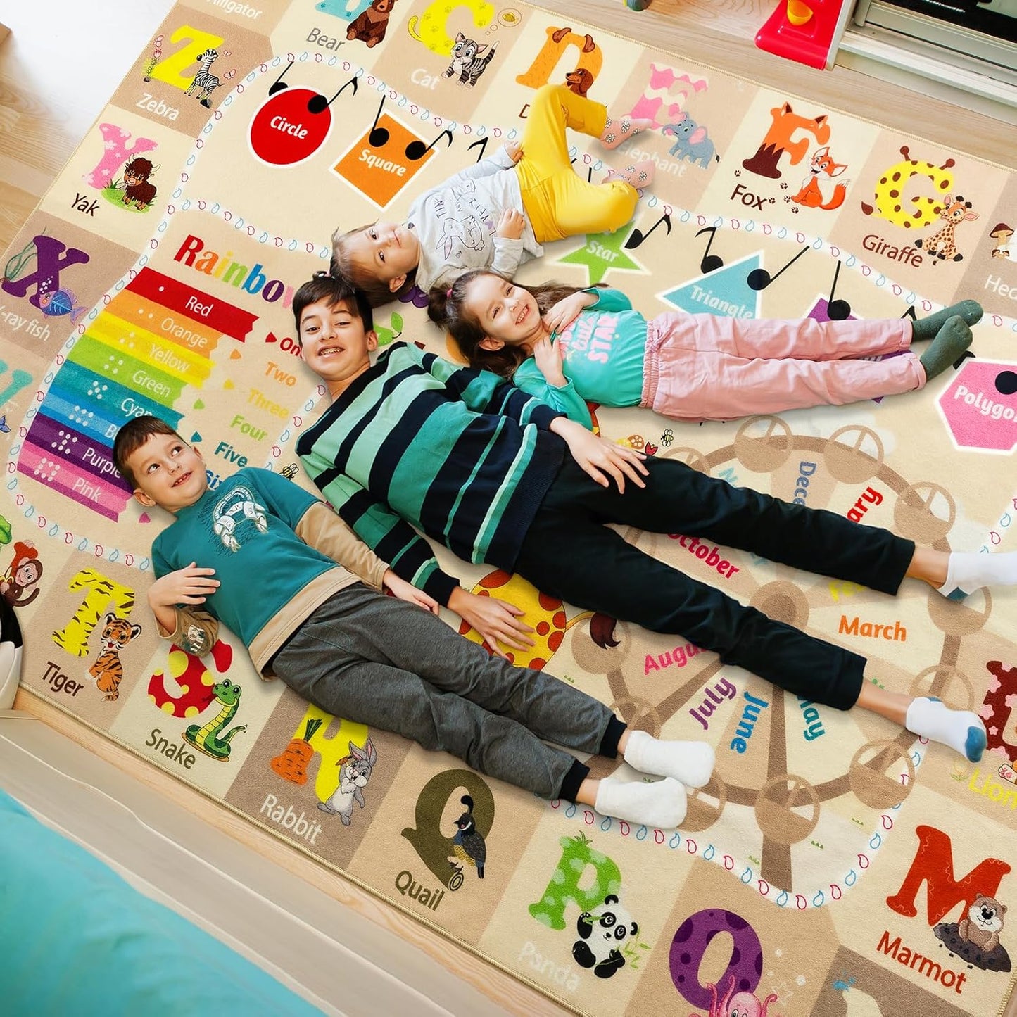 6x9 Playroom Rugs for Kids Washable, Educational and Fun Playmat with ABC Alphabet Animals Shapes Colors, Non-Slip Play Mat Learning Rugs for Baby Toddler Children Game Activity，Beige, Pink