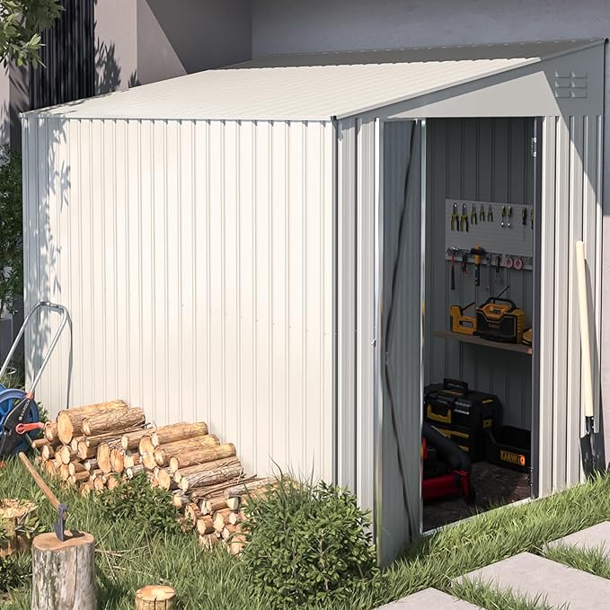 AECOJOY Outdoor 6x8 Metal Shed, Small Storage Shed & Outdoor Cabinet for Backyard, Patio in White