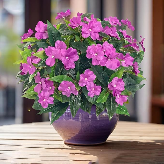 5PCS Artificial Impatiens Bouquet Flowers for Outdoors Silk Faux Flowers for Outdoor Fake Planters UV Resistant Spring Summer Indoor Decor Garden Porch Patio Window Kitchen Balcony, Purple