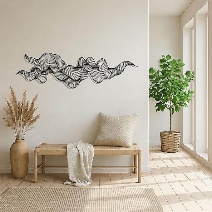 pluviart Abstract Metal Wall Art – Modern Black Wave Line Sculpture, Large 3D Wall Decor for Living Room, Bedroom, Office, Contemporary Home Decoration (40"x12")
