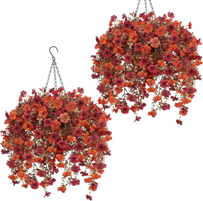 Artificial Flowers for Outdoors, 2 Set Faux Hanging Mums Baskets with Eucalyptus Vines, Realistic Fake Mums, Fall Flowers for Porch, Patio, Garden & Yard, Fall Outdoor Décor