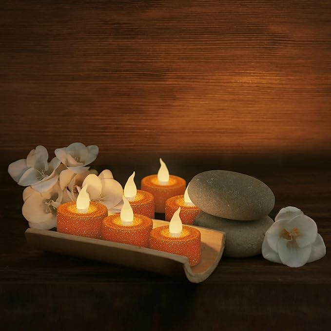 FURORA LIGHTING Orange Glitter LED Tealight Candles Pack of 12, Flameless Flickering Tealight Candles for Home Décor, 1.5’’(W) x 1.65’’(H), Battery Operated