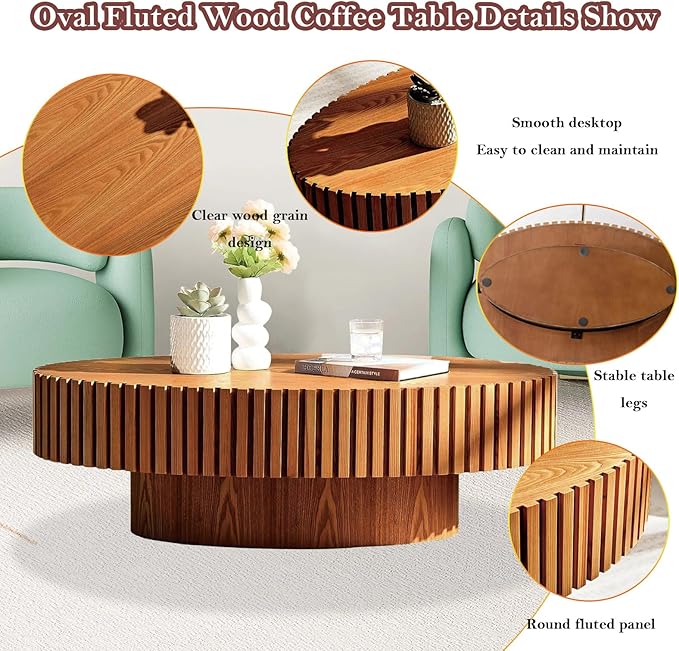 43.3in Fluted Side Tables Living Room Modern Chic Drum Coffee Table - Spacious Tabletop, for Small Space - Living Room Apartment Study,Wood