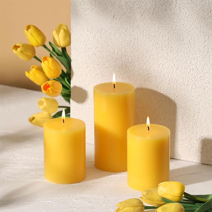 3x6 Inch Yellow Pillar Candles Set of 3 - Decorative Unscented Pillar Candles, Long Burning Dripless Candles for Table Decor, Smokeless Large Pillar Candle for Wedding, Dinner, Rustic Home Decor