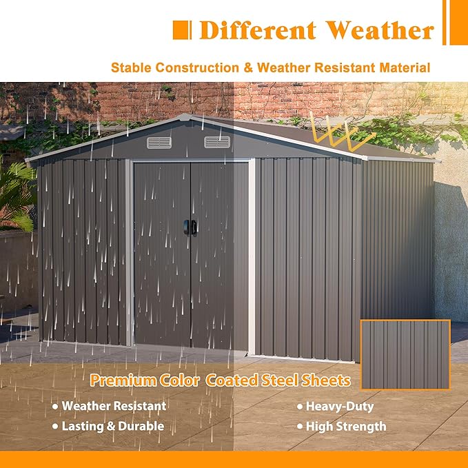 10x8 FT Outdoor Storage Shed with Floor Frame, Metal Sheds Included Double Air Vents & Lockable Sliding Door Foundation Steel Garden Tool Shed with Waterproof Roof Ideal for Backyard Patio Dark Gray