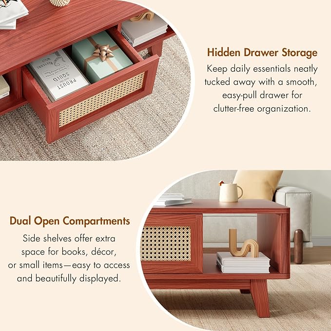 Soohow Coffee Table, Mid Century Living Room Tables with Storage, Modern Square with Rattan Drawer, Wooden Living Room Table with Solid Wood Leg
