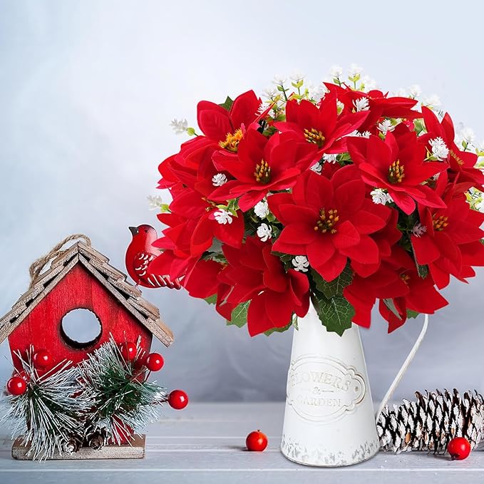 12 Bunches Poinsettias Artificial Christmas Flowers for Outdoors,14'' Fake Red Poinsettias Faux Eucalyptus Plants UV Resistant for Home Planters Garden Porch Christmas Winter Spring Décor