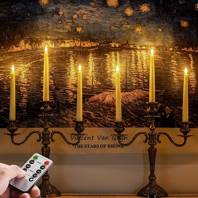 Homemory 2 Pcs Waxy Flameless Taper Candles with Remote, Flickering Battery Operated Taper Candle, Led Flameless Candlesticks Classic Tall Candles for Home, Wedding, Party, Ivory, 9.6 inches